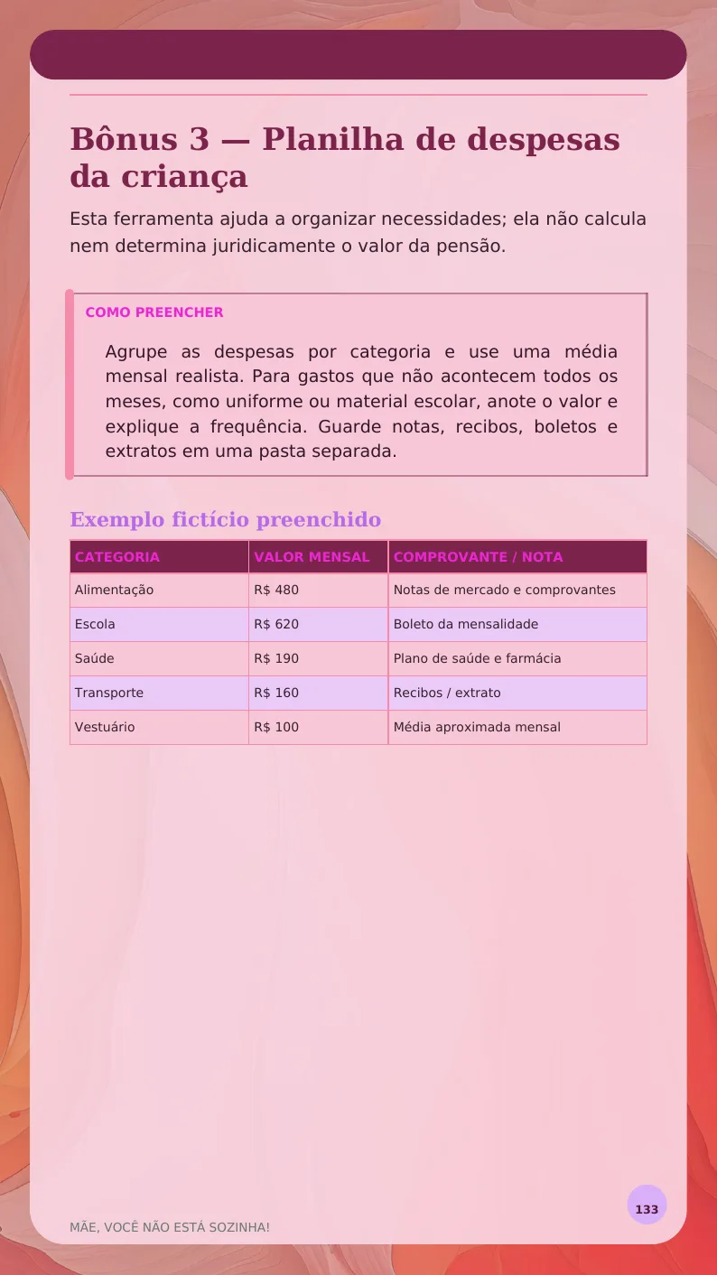 Planilha de despesas da criança